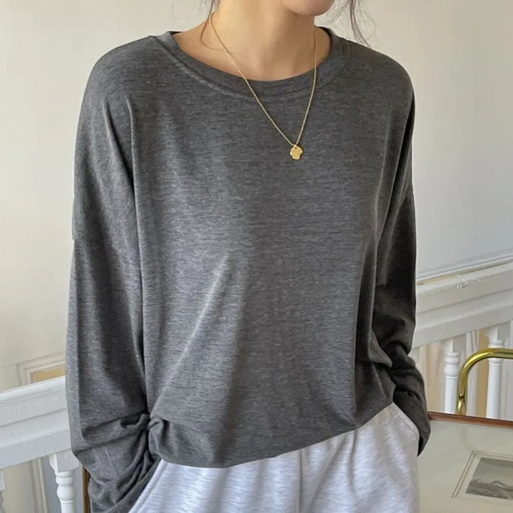 Brushed Gray Drop Sleeve Slouchy Pullover Sweatshirt Top